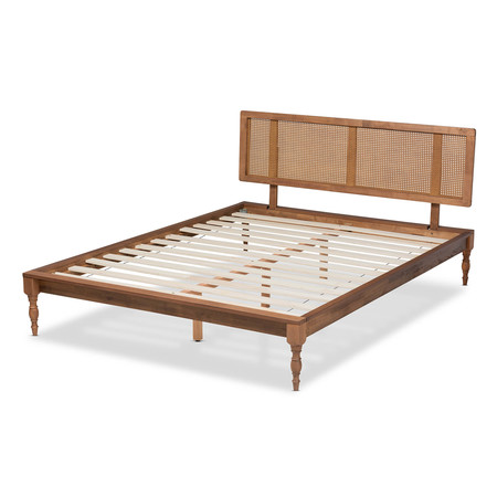 Baxton Studio Romy Ash Walnut Finished and Synthetic Rattan King Size Platform Bed 159-9822-9823